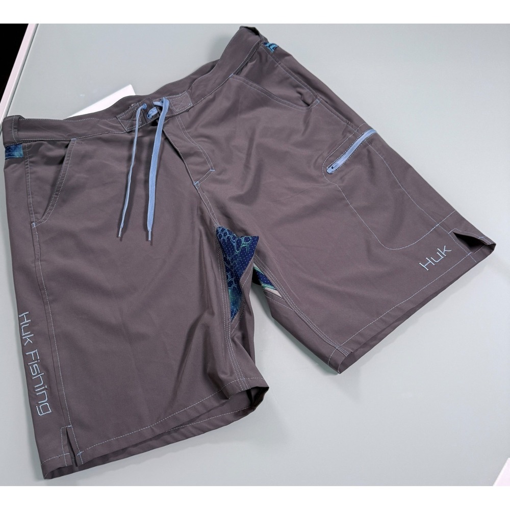 HUK Fishing Shorts Mens XL Gray Hybrid Boardshorts Swim Trunks P0000545